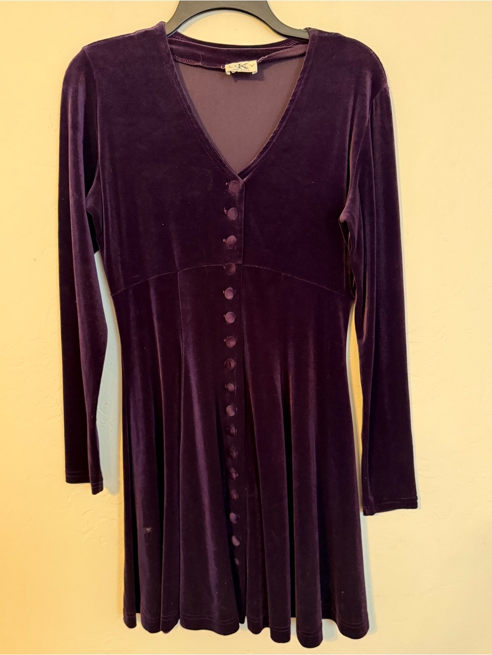 Vintage-Inspired Velvet Button-Front Long Sleeve Dress - Plum